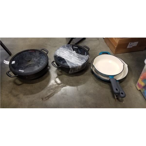 2 TRAMONTINA CAST IRON POT WITH LIDS AND 2 CAST IRON SKILLETS