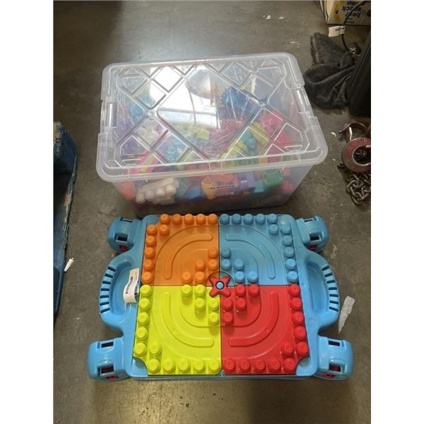 BIN OF KIDS MEGA BLOCKS INCLUDING PLAY TABLE