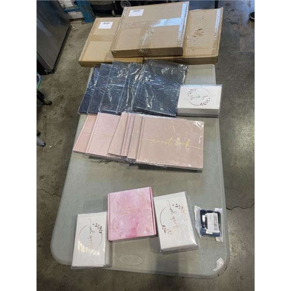 TRAY OF PARTY SUPPLIES INCLUDING COLORED ENVELOPES, ACRYLIC CUPCAKE STANDS, GUEST BOOKS, THANK YOU L