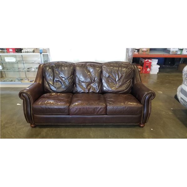 BROWN LEATHER SOFA WITH BRASS NAILHEAD