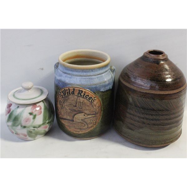 ART POTTERY LIDDED SUGAR BOWL, VASE AND