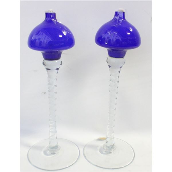 2 ART GLASS TALL FOOTED OIL LAMPS. POLAND
