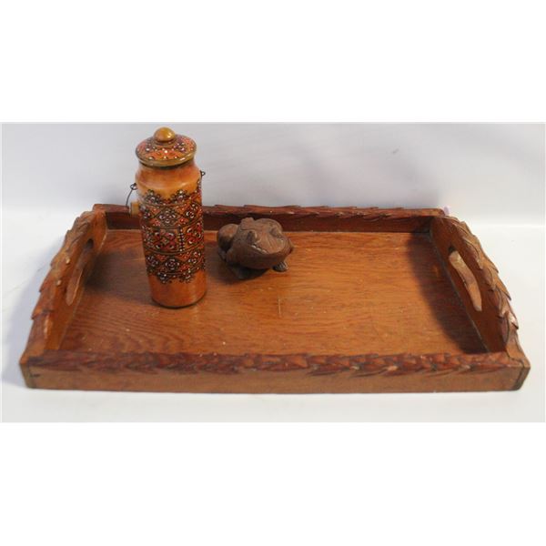 WOODEN TRAY, FROG BOX+FOLK ART CANISTER
