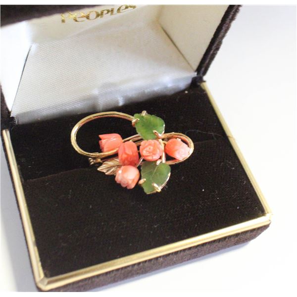 GOLD PLATED CORAL AND JADE BROOCH