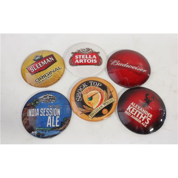 6 BAR TAP BADGES SHOCK TOP, STELLA, BUDWEISER, ETC