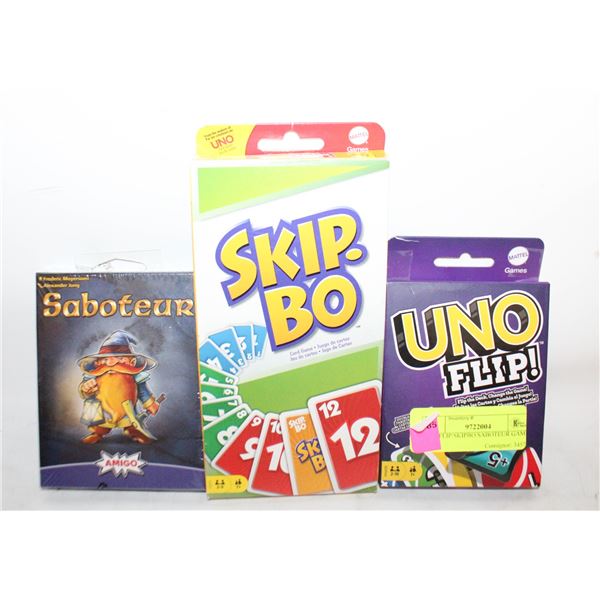 UNOFLIP/SKIPBO/SABOTEUR GAMES