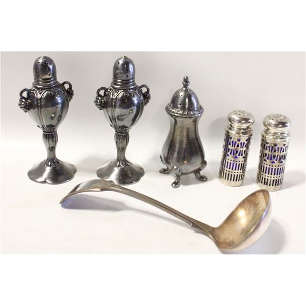 2-SILVER SALT AND PEPPER SHAKERS GRAVY SPOON