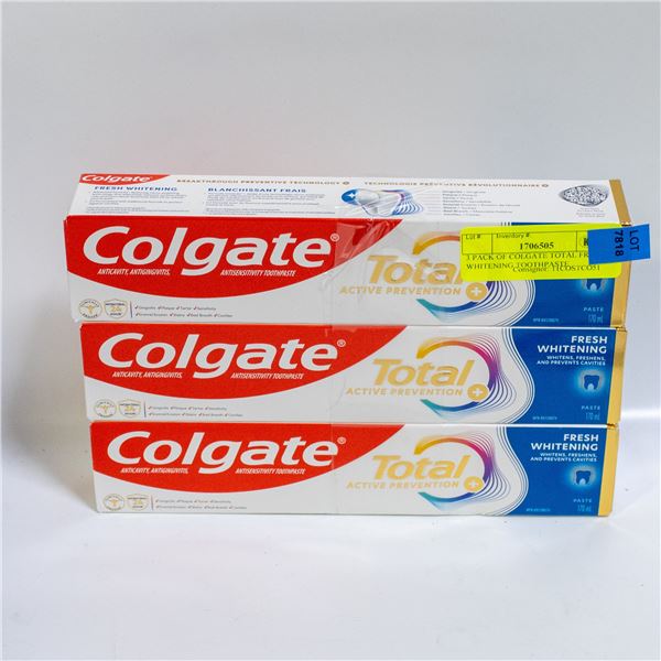 3 PACK OF COLGATE TOTAL FRESH WHITENING TOOTHPASTE