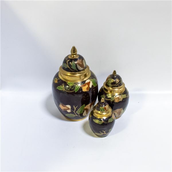 3PC BRASS URN VINTAGE CLOISONNE
