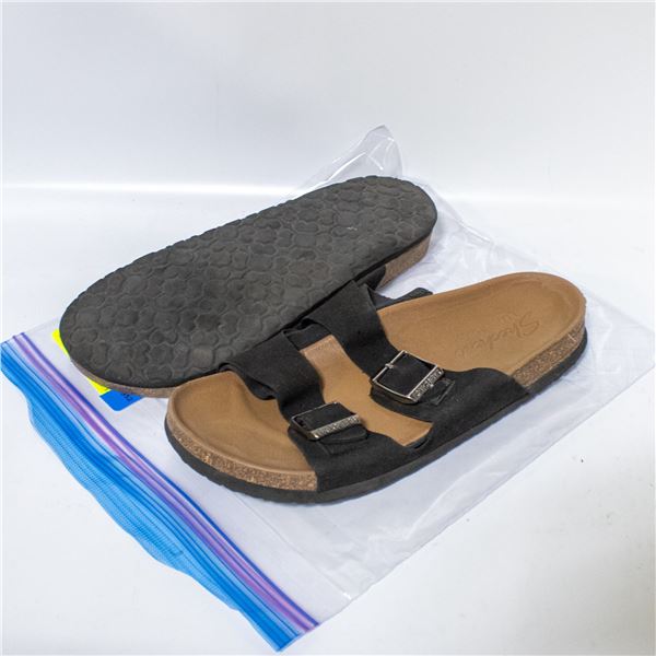 SKECHERS WOMENS SLIP ON SANDALS BLACK & TAN SZ 6