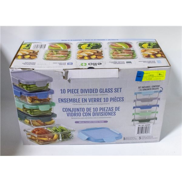 10 PIECE ELLO DIVIDED GLASS FOOD STORAGE SET WITH