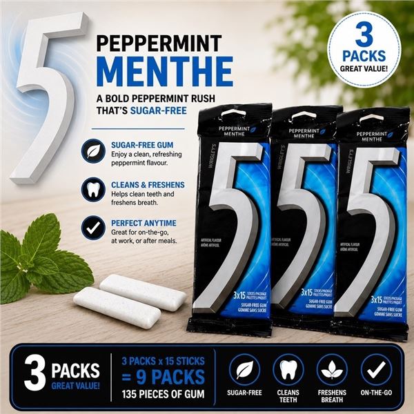 3 WRIGLEY'S 5 PEPPERMINT GUM 3X15 STICKS