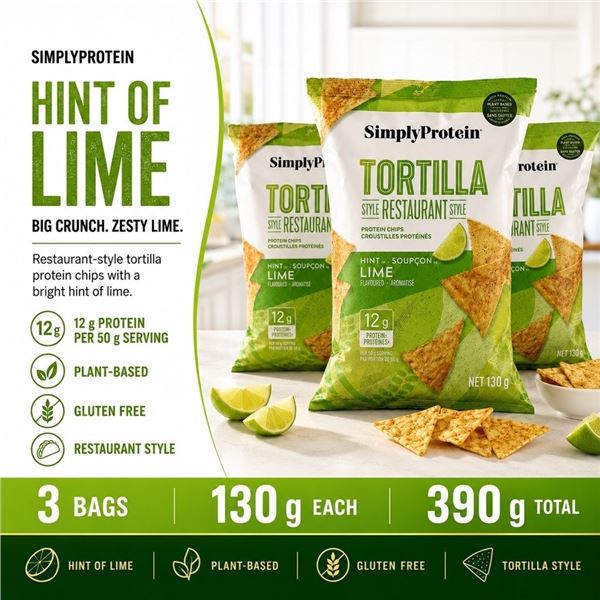 3 SIMPLYPROTEIN LIME TORTILLA CHIPS 130G BB 07/26