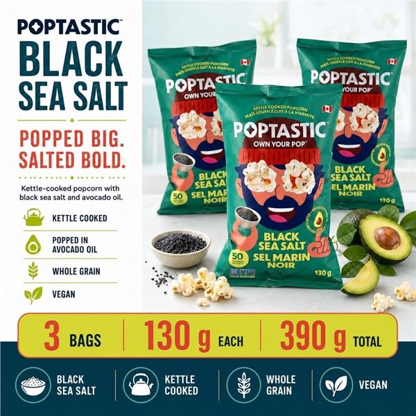 3 POPTASTIC BLACK SEA SALT POPCORN 130G BB 04/26