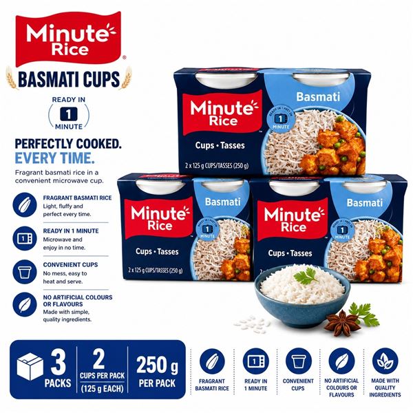 3 MINUTE RICE BASMATI CUPS 250G BB 01/27