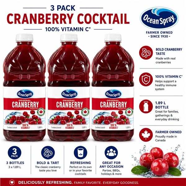 3 OCEAN SPRAY CRANBERRY COCKTAIL 1.89L BB 12/26