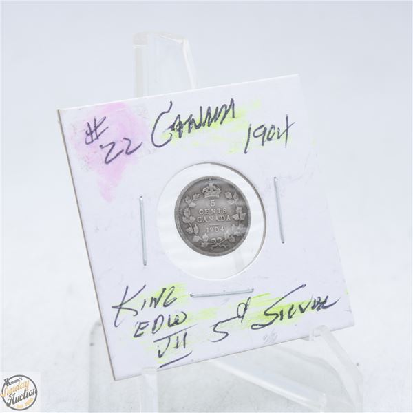 #4968-1904 H- 5 CENT CANADIAN COIN 92.5 % SILVER