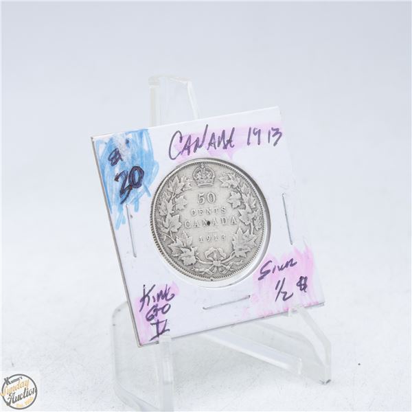 #4986-1913 50 CENT CANADIAN COIN 92.5 %