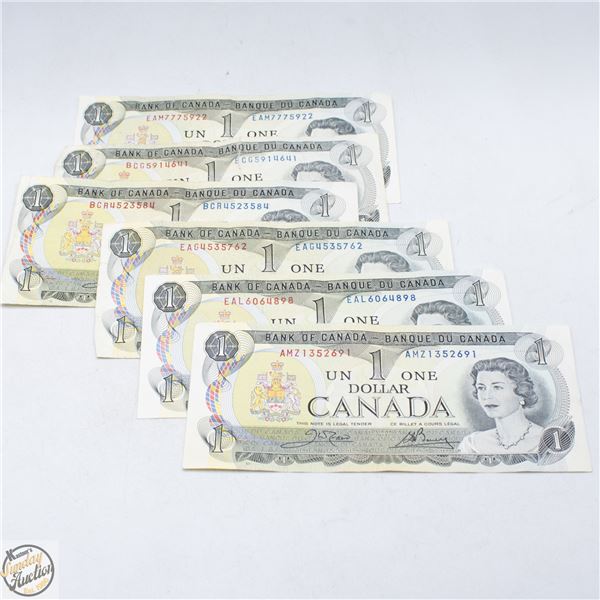 #4996- SIX 1973 CANADIAN ONE DOLLAR BILLS
