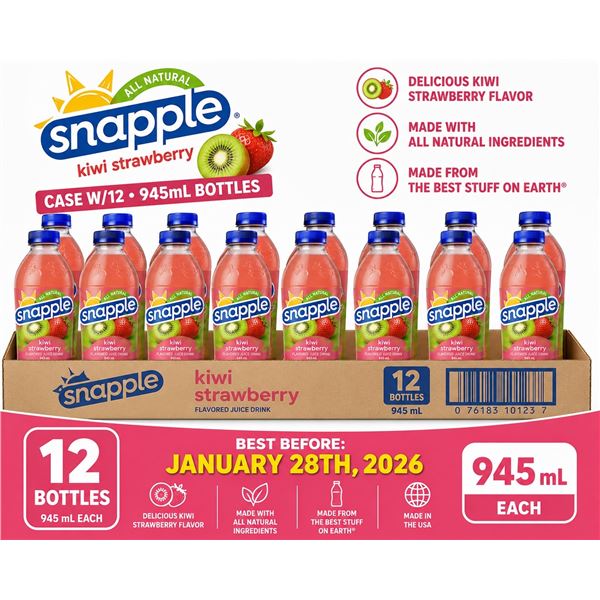 CASE W/12 945ML BOTTLES OF SNAPPLE KIWI STRAWBERRY