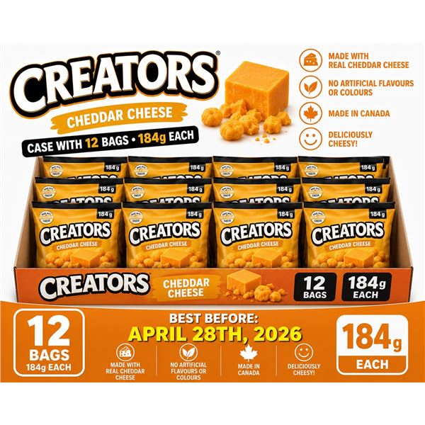 CASE WITH 12 184G BAGS OF CREATORS CHEDDAR CHEESE