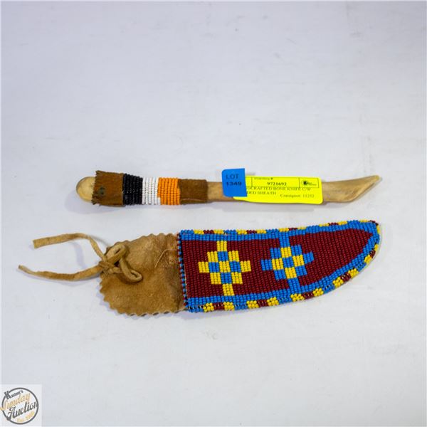 HANDCRAFTED BONE KNIFE C/W BEADED SHEATH