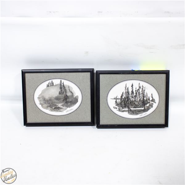 2 SMALL WATER COLOR GREY SCALE PAINTING BY
