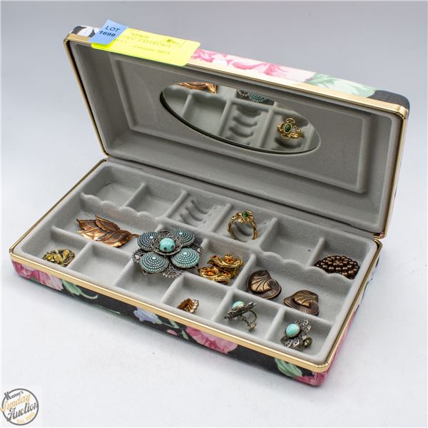 VINTAGE FLORAL JEWELRY BOX WITH VARIOUS