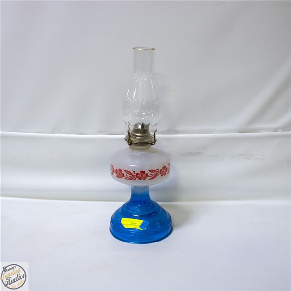 VINTAGE FLORAL KEROSENE OIL LAMP, BLUE