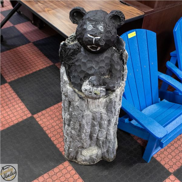 BEAR STATUE ON STUMP HOLDING BEEHIVE