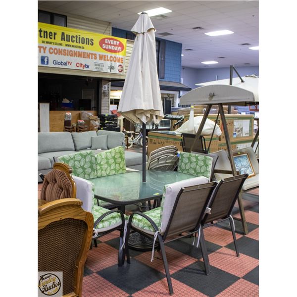 PATIO TABLE SET W/6 CHAIRS+6 REVERSIBLE MATCHING-