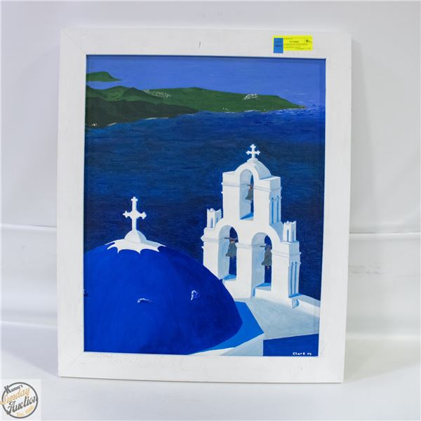 FRAMED ORIGINAL SARTORINI GREECE CHURCH 23X19