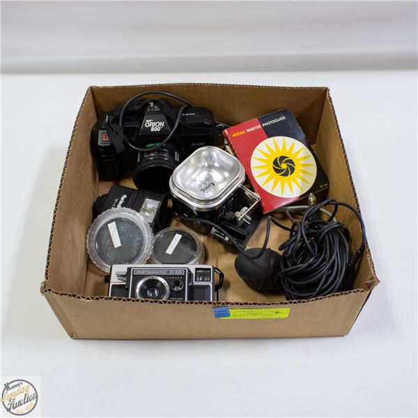 BOX WITH VINTAGE CAMERA EQUIPMENT