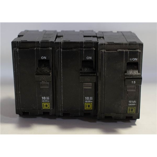 3X SQUARE D DOUBLE POLE 15 AMP CIRCUIT BREAKERS