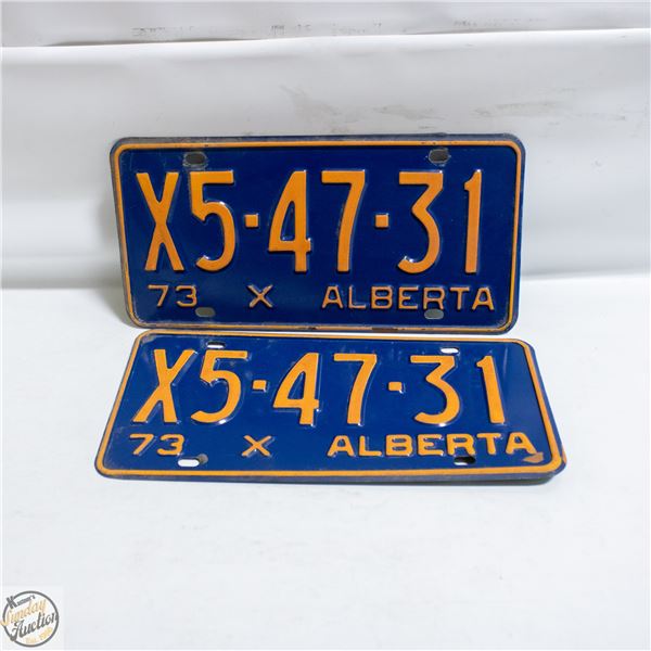 2 VINTAGE 1973 MATCHING ALBERTA LICENSE PLATES