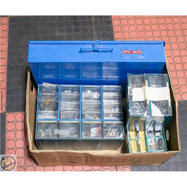 BOX OF HARDWARE ORGANIZERS