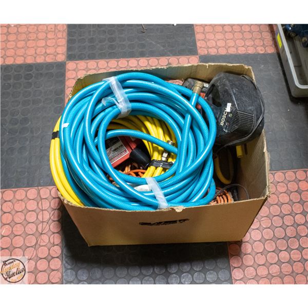 BOX OF ASSORTED TOOLS, HOSES, CHARGERS &