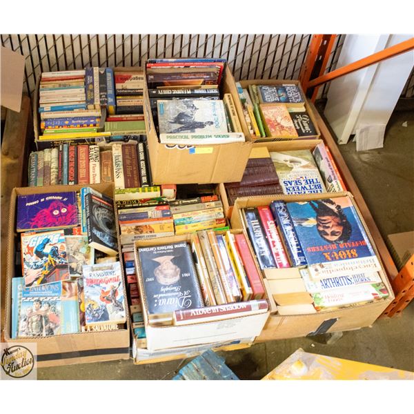 PALLET LOT OF ASSORTED MIXED BOOKS FROM STORAGE