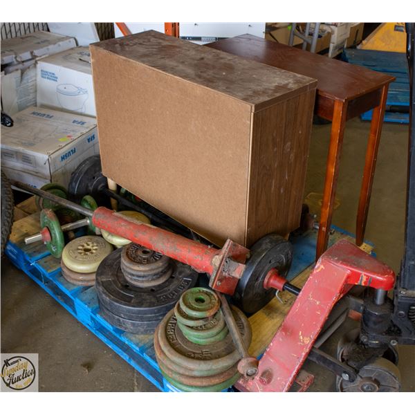 PALLET WITH VINTAGE WEIGHTS, CABINET + MORE