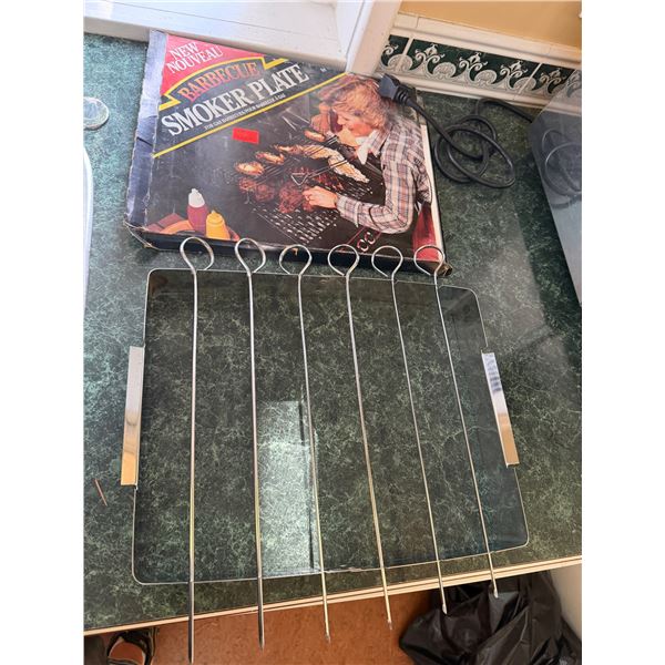 Barbecue smoker plate and shish kebab stand for barbecue