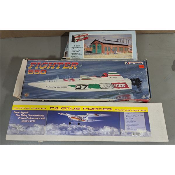 3 VTG Model Kits w/ Fighter 550 Boat, Pilatus Porter Airplane, & Engine House