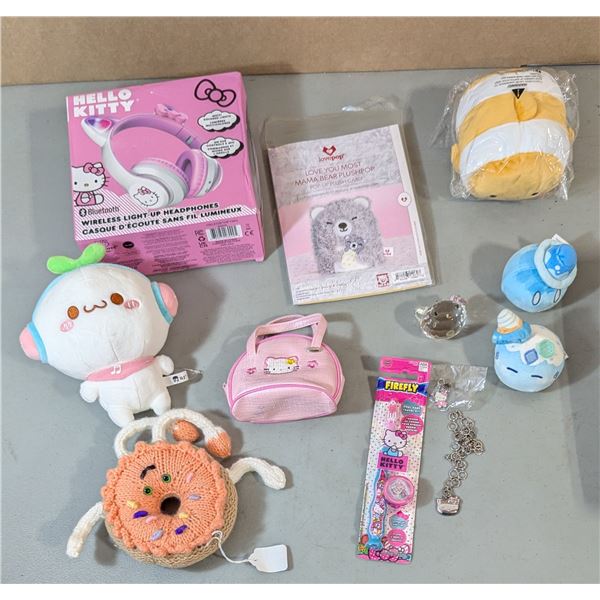 Lot of Plush Toys & Hello Kitty Collectibles w/ Wireless Light-Up Headphones, Crocheted Donut, & Mor