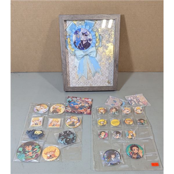 Lot of Assorted Demon Slayer (Kimetsu no Yaiba) Pins & Framed Aotu World Art
