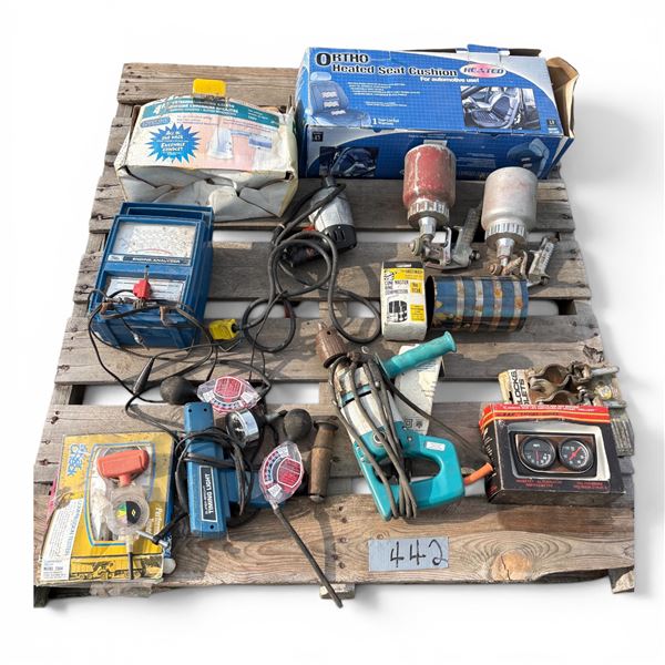 Pallet - 2 Paint Guns, Drills, Heated Seat Cushion, Timing Lite, Engine Analyzer, Ring Compressor, G