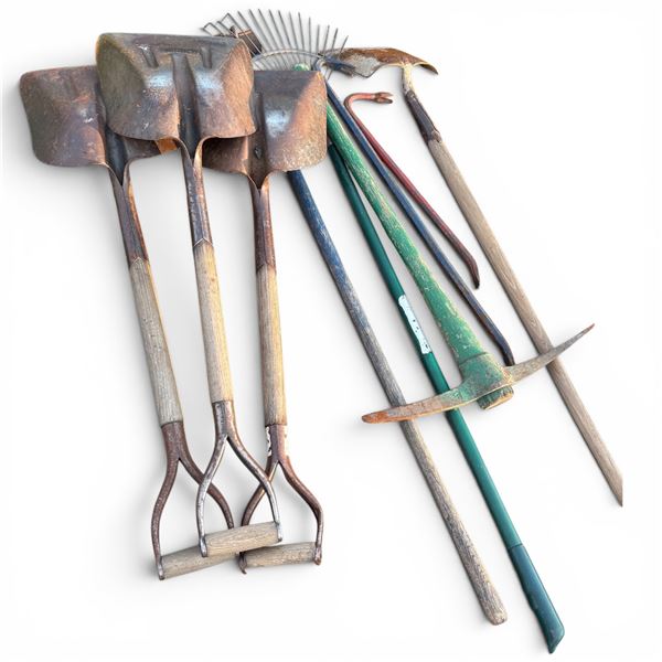 Pallet of Shovels, Pick Axe, Rake, Wrecking Bars