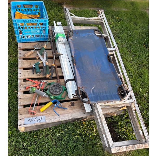 Pallet of Garden Tools, Step Ladder, Mechanic Creeper