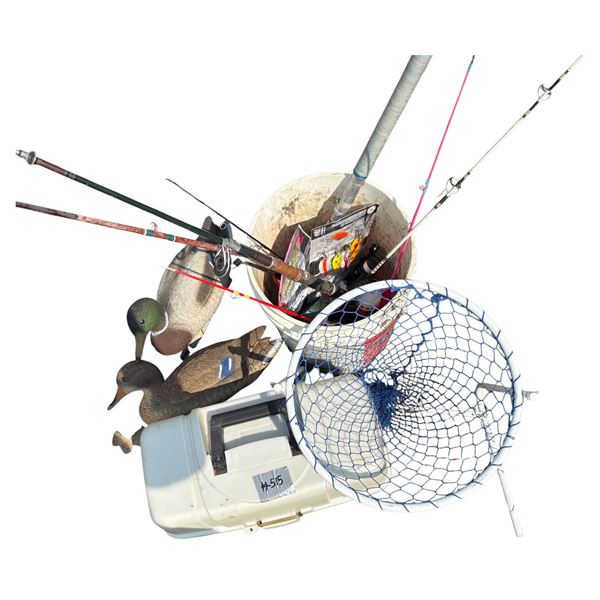 Fishing Tackle Box, Duck Decoys, Fishing Hooks, Bait, Fish Net