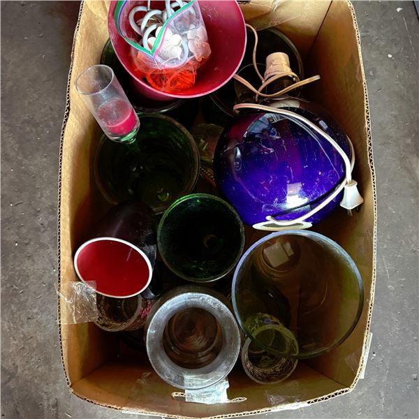 Box of Glass Vases, Lamp, Various Items