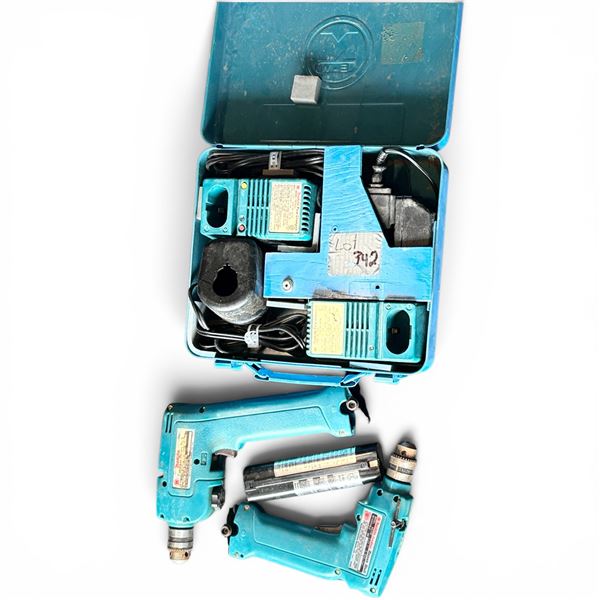 2 Makita Cordless Drills, 9.6v Battery Stick, 3 Battery Chargers
