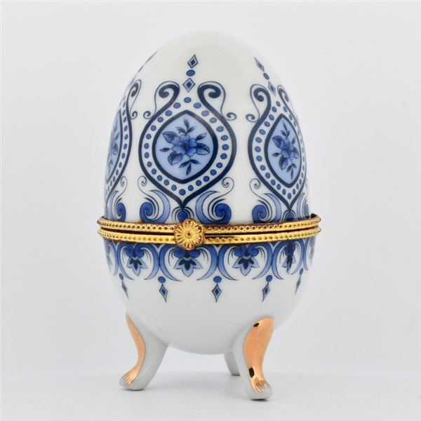 Faberge-Style Blue White Porcelain Egg Trinket